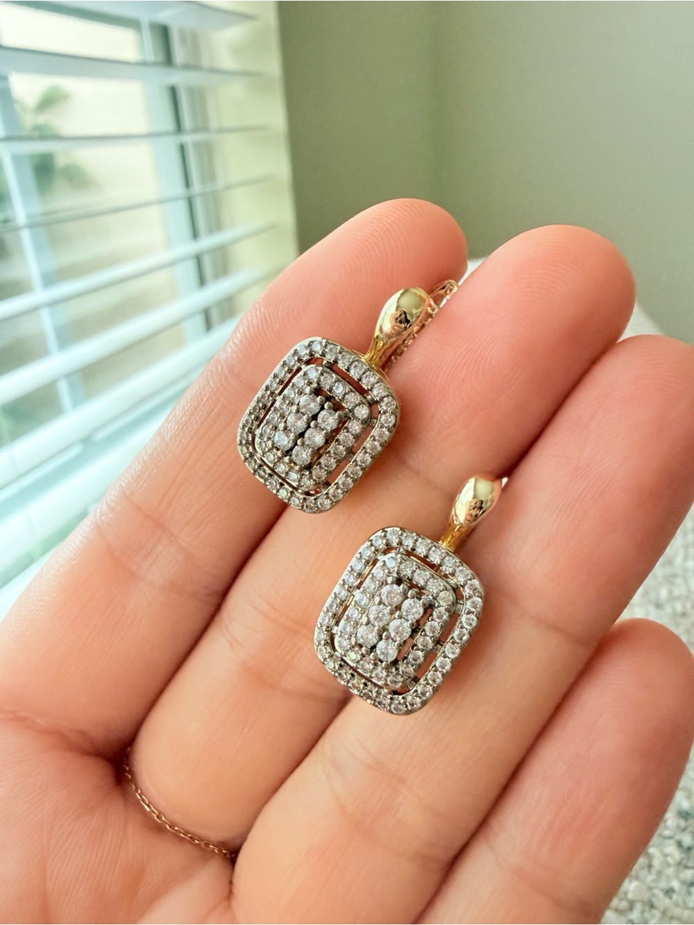 Classic Gold and Diamond Square Drop Earrings - White and Gold